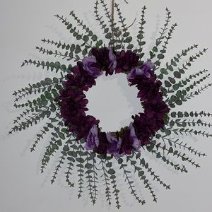 Faux eucalyptus and floral purple wreath 14 inch grapevine base with burlap back